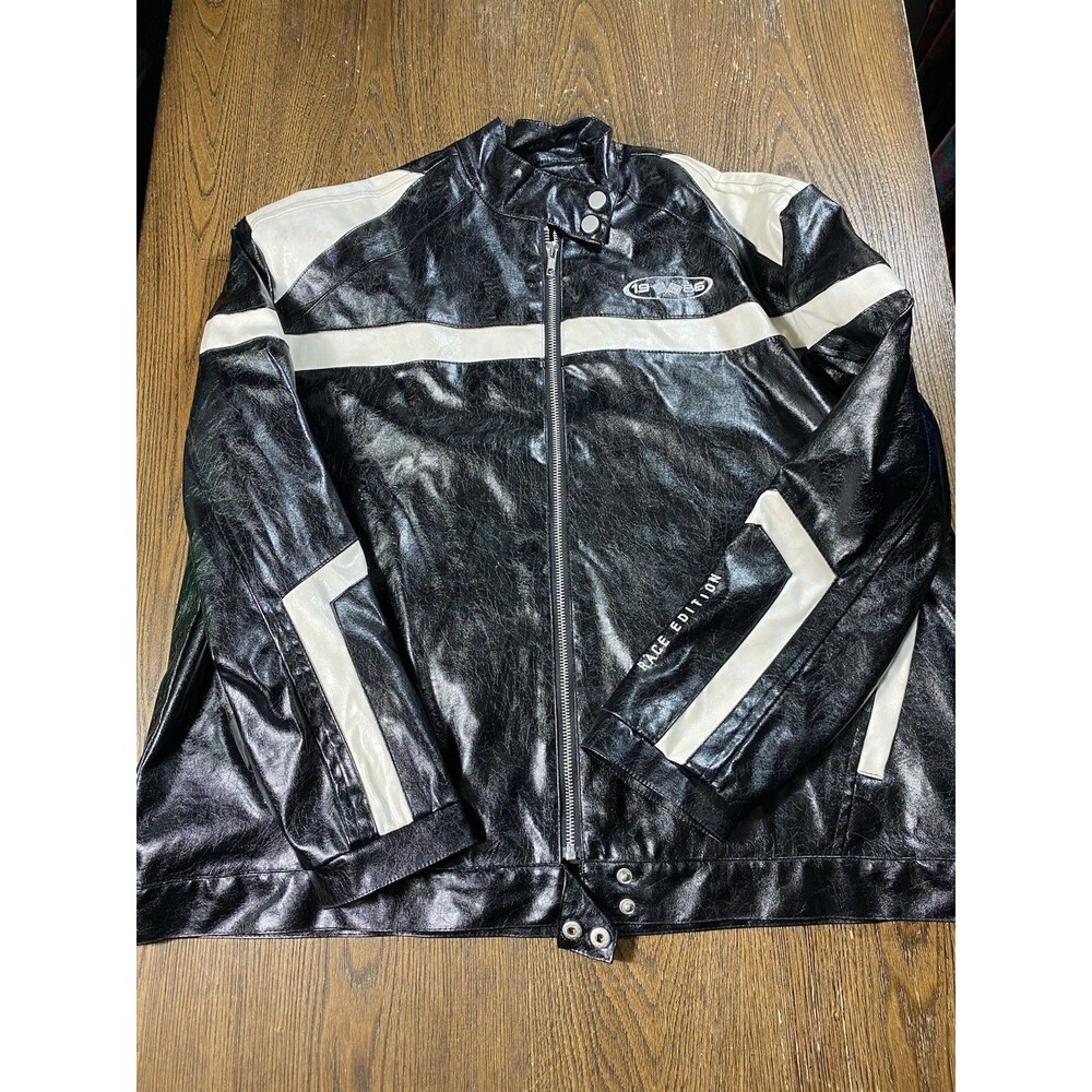 PrettyLittleThing black/white faux leather Race Edition biker jacket Small 24p2p